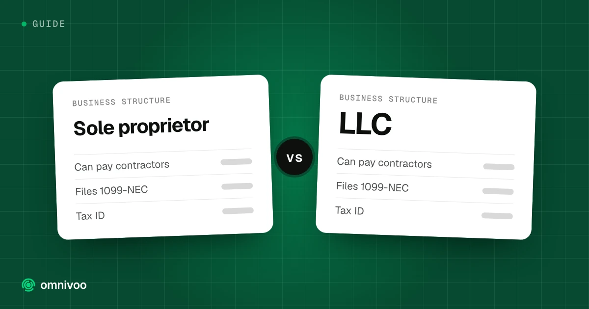 Sole proprietor vs LLC, compared on can pay contractors, files 1099-nec and tax id