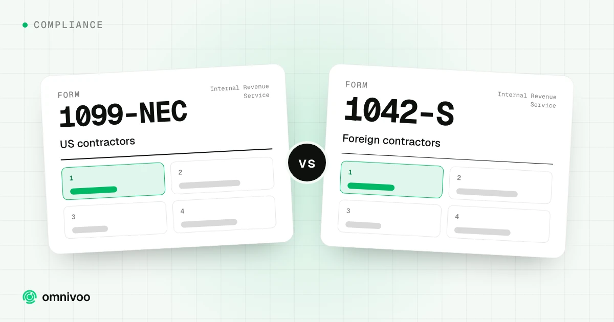 Form 1099-NEC (US contractors) next to Form 1042-S (Foreign contractors)