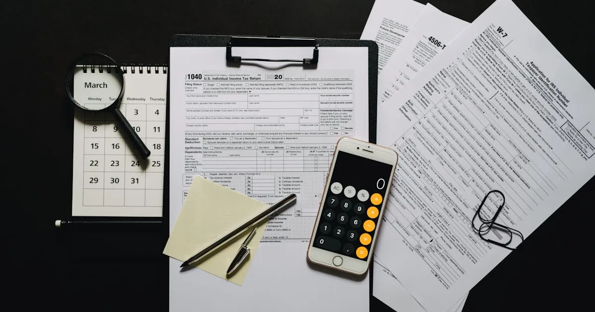 Top-down view of tax documents, calculator, and calendar for GCC cost planning