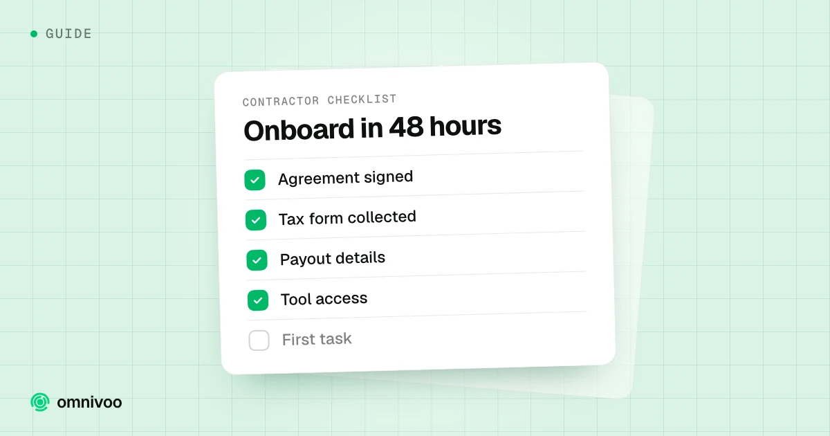 Onboard in 48 hours: Agreement signed, Tax form collected, Payout details, Tool access and First task