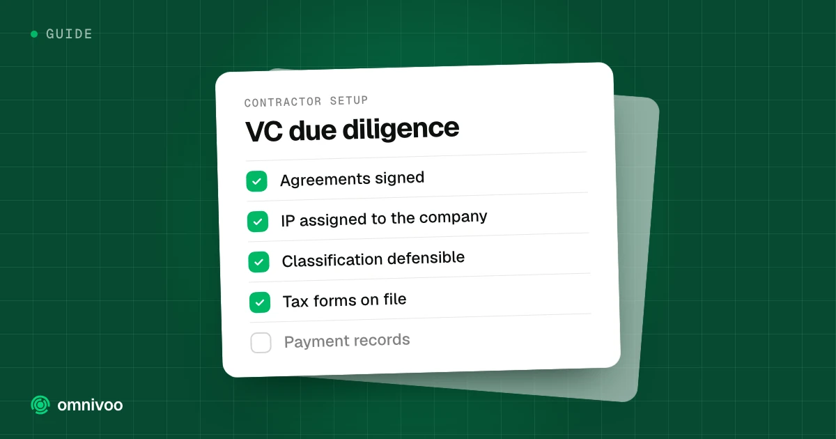 VC due diligence: Agreements signed, IP assigned to the company, Classification defensible, Tax forms on file and Payment records