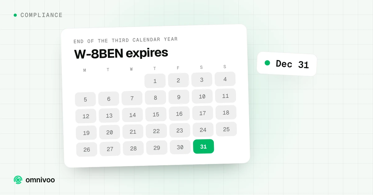 W-8BEN expires on a calendar, marked Dec 31