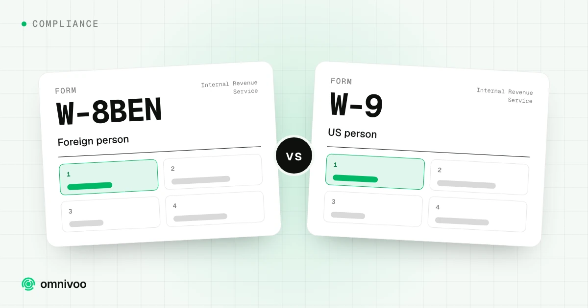 Form W-8BEN (Foreign person) next to Form W-9 (US person)