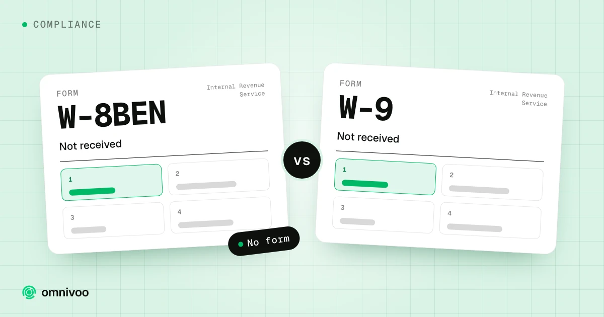 Form W-8BEN (Not received) next to Form W-9 (Not received)