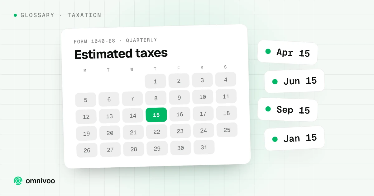 Estimated taxes on a calendar, marked Apr 15, Jun 15, Sep 15 and Jan 15