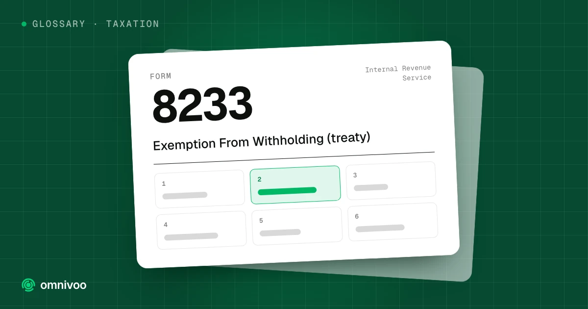 Form 8233, Exemption From Withholding (treaty), drawn as a tax form with one box highlighted