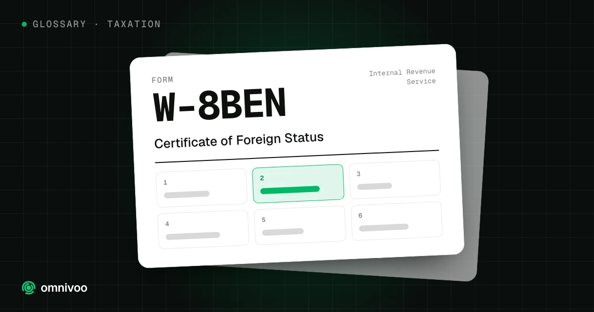 Form W-8BEN, Certificate of Foreign Status, drawn as a tax form with one box highlighted