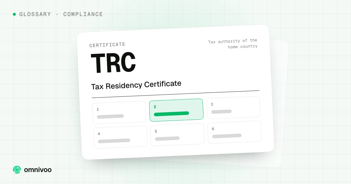 Certificate TRC, Tax Residency Certificate, drawn as a tax form with one box highlighted
